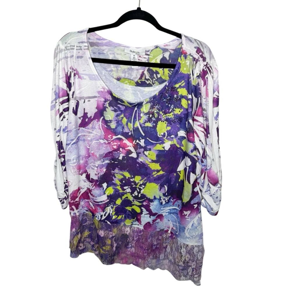 STYLE & CO / purple white green abstract floral lace trim pop art shirt / 1X